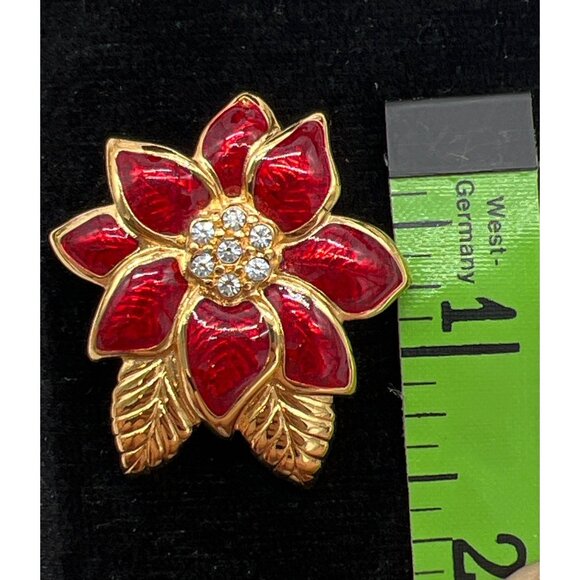 Vintage Monet Red & Gold Poinsettia Brooch With Rhinestone Accents - Picture 7 of 7